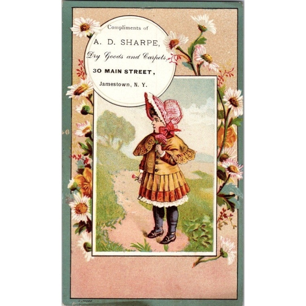Victorian Girl Flowers A D Sharpe Jamestown NY‎ New York Antique Trade Card
